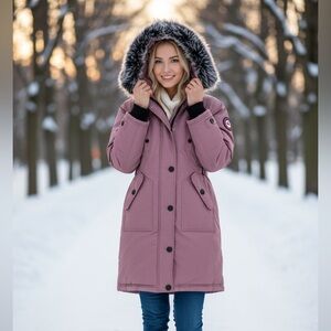 NWT $300 Canada Weather Gear Pink Haze  Puffer Parka Jacket Faux Fur Hood M Ski